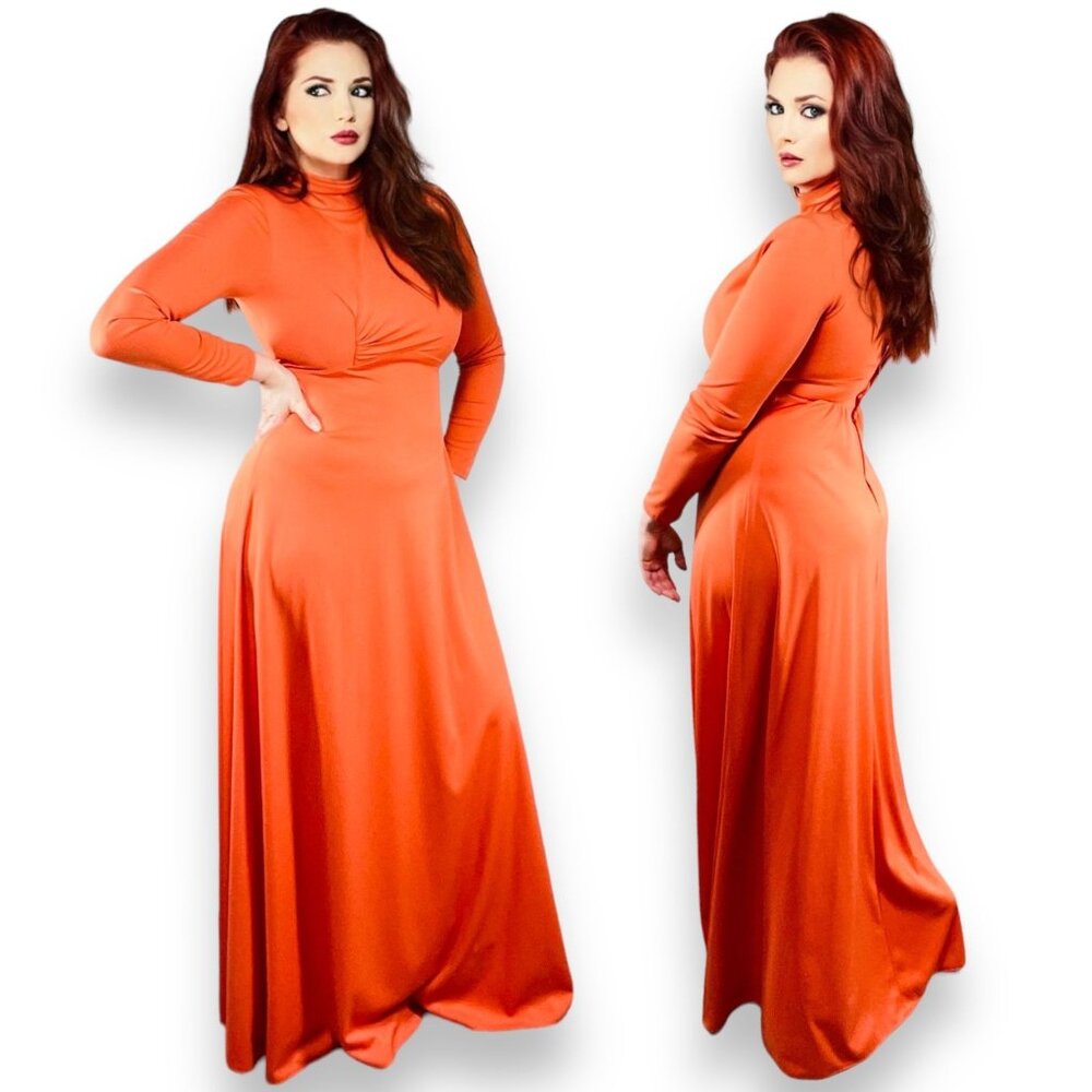 Vintage 1970s Womens Orange Maxi Long Sleeve Studio 54 Disco Dress XS - S